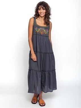 NATURAL LIFE Charcoal Maxi Dress with Multicolor Floral Embroidery